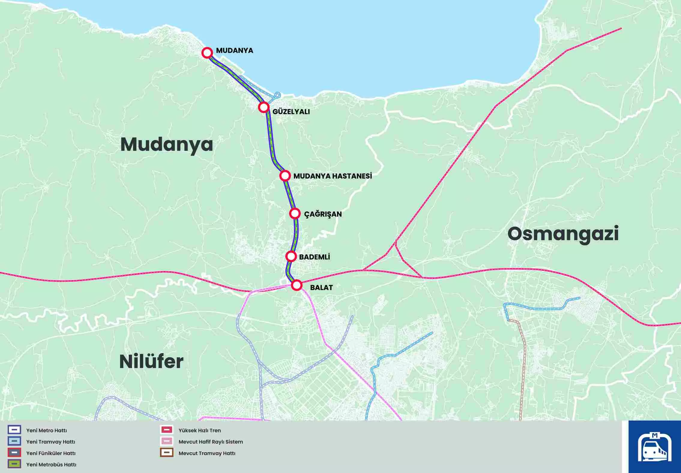 Mustafa Bozbey - Metrobüs Hattı (12.6 km) - Balat, Bademli, Çağrışan, Mudanya Hastanesi, Güzelyalı, Yeni Mahalle, İstasyon, Mudanya