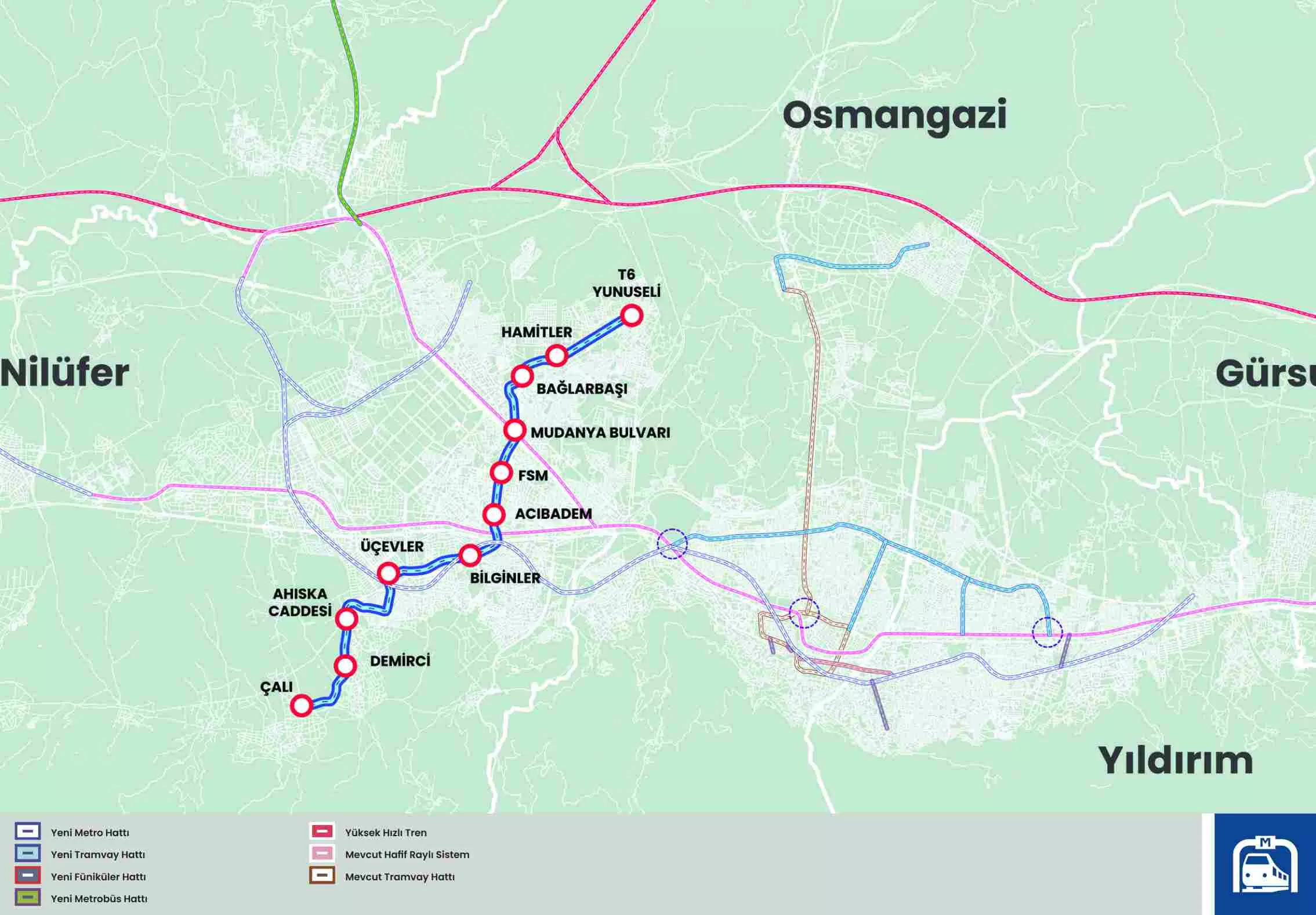 Mustafa Bozbey - Tramvay Hattı  T6 (15 km) - Çalı, Dere, Demirci Caddesi, Ahıska Caddesi, Nilüfer Spor Tesisleri, Denizciler Caddesi, Mahmut Hüdayi Camii, Üçevler, Üçevler Camii, Gümüşdere, Bilginler Caddesi, Karafatma, Acıbadem, FSM, Nilüfer Hatun, Mudanya Bulvarı, Bağlarbaşı, Mesire Alanı, Hamitler, Bulvar, Neşet Ertaş Caddesi, Güneştepe, Yunuseli