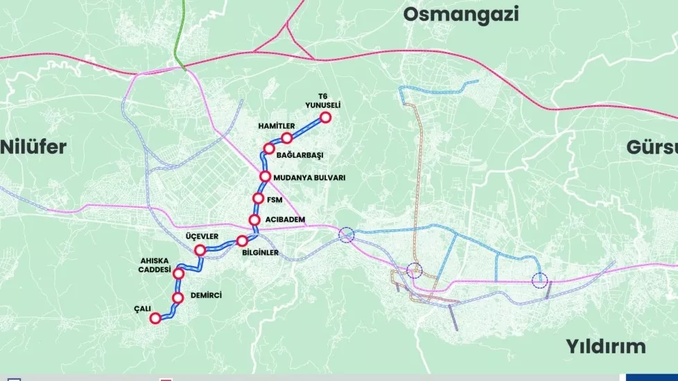 Mustafa Bozbey - Tramvay Hattı  T6 (15 km) - Çalı, Dere, Demirci Caddesi, Ahıska Caddesi, Nilüfer Spor Tesisleri, Denizciler Caddesi, Mahmut Hüdayi Camii, Üçevler, Üçevler Camii, Gümüşdere, Bilginler Caddesi, Karafatma, Acıbadem, FSM, Nilüfer Hatun, Mudanya Bulvarı, Bağlarbaşı, Mesire Alanı, Hamitler, Bulvar, Neşet Ertaş Caddesi, Güneştepe, Yunuseli