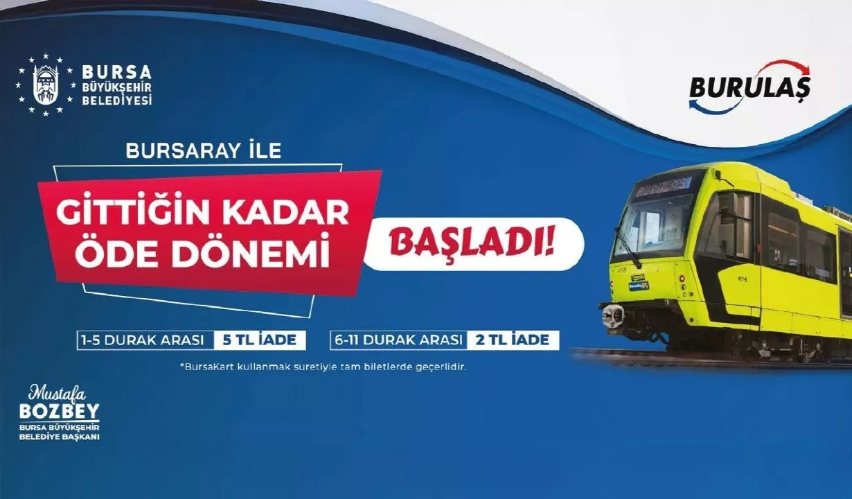 Mustafa Bozbey - ULAŞIMDA YENİ DÖNEM: GİTTİĞİN KADAR ÖDE! - Toplu taşımada daha adil ve esnek bir ücretlendirme dönemine adım attık. Kullandıkları mesafe kadar ödeme yapan yolcularımız için toplu taşıma artık daha ekonomik. Yeni uygulamayla BursaRay tam ücret tarifesi üzerinden 1-5 istasyon arası yolculuk yapan yolcularımıza 5TL, 6-11 istasyon arası yolculuk yapan yolcularımıza ise 2TL iade yapıyoruz.